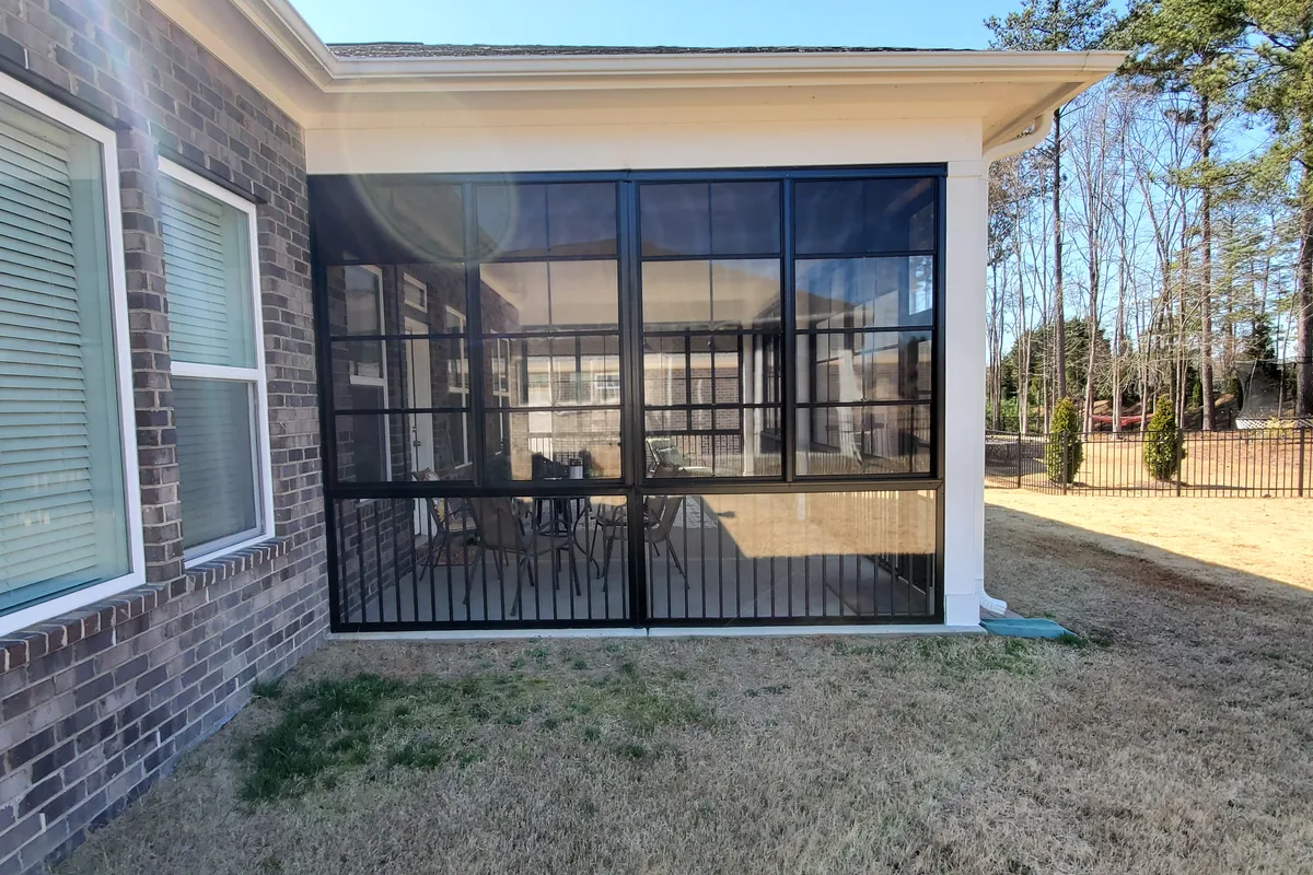 Vinyl film enclosure detail showing finished installation at Mecklenburg County NC porch