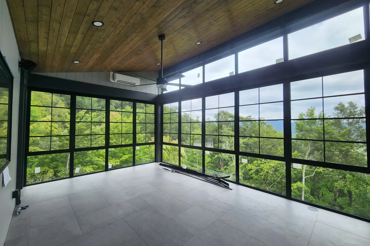 3-season room enclosure vinyl film detail by contractor in Mills River NC