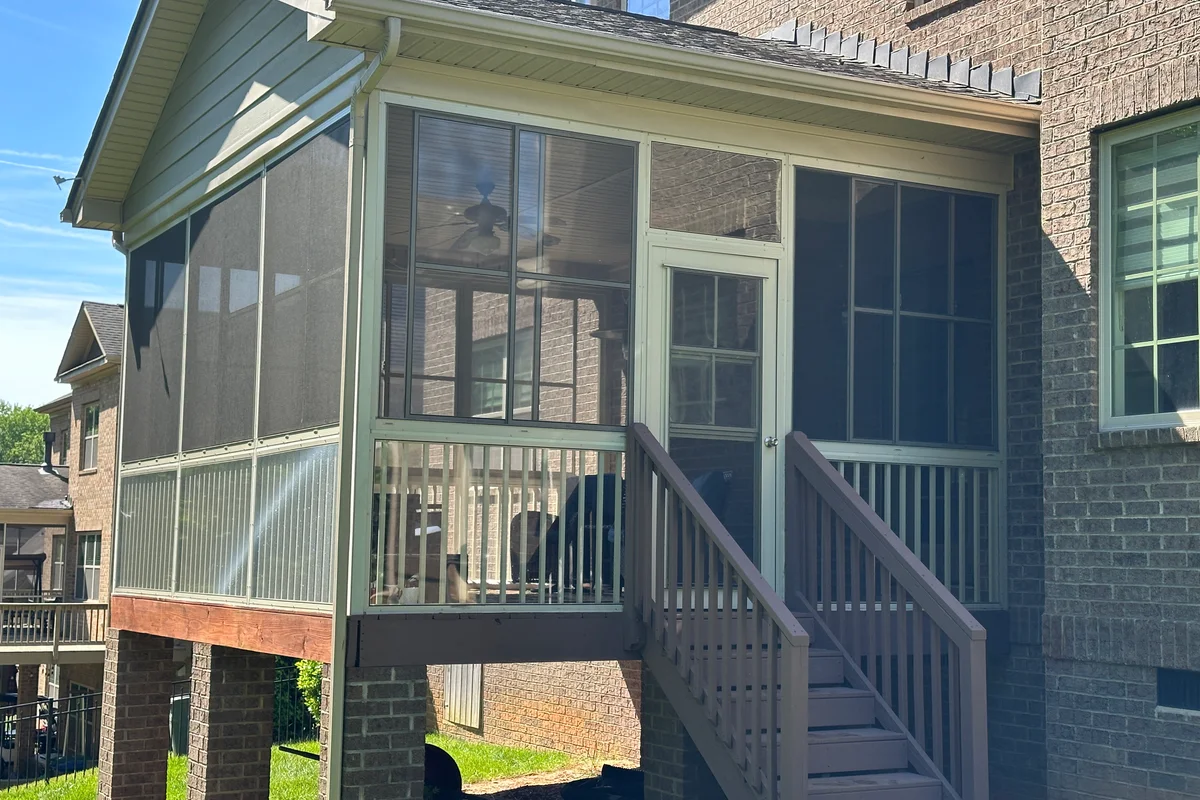 Finished 3-season vinyl film sunroom exterior view Mint Hill NC