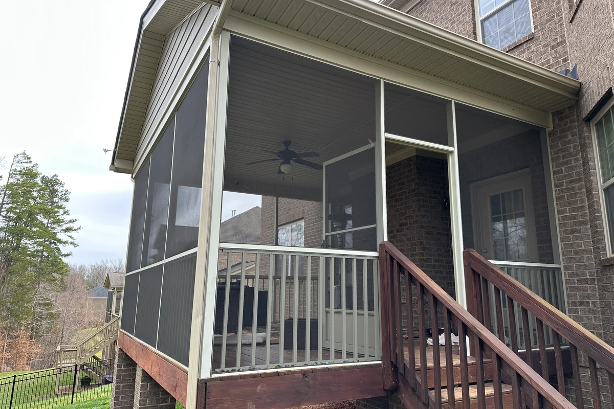 Completed 3-season vinyl film porch enclosure exterior in Mint Hill NC