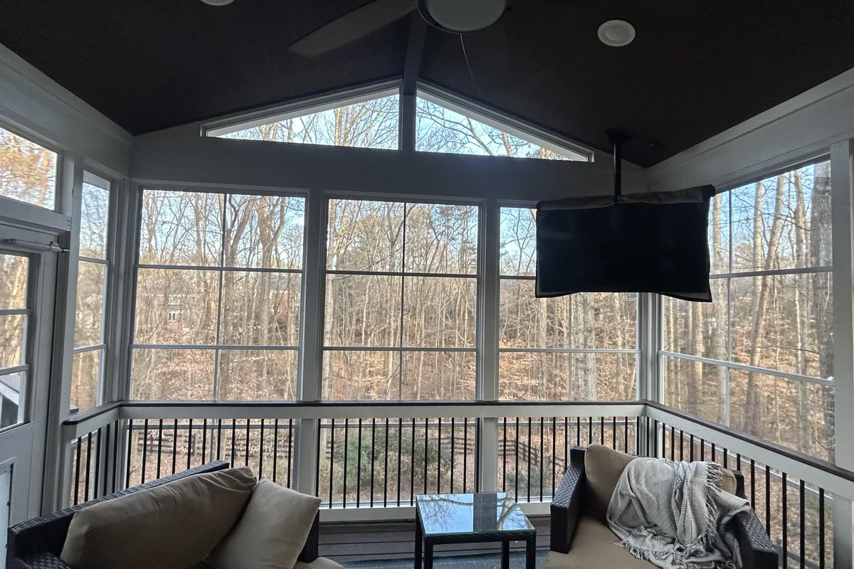 Completed 3-season vinyl film porch enclosure exterior in Plantation, Charlotte NC