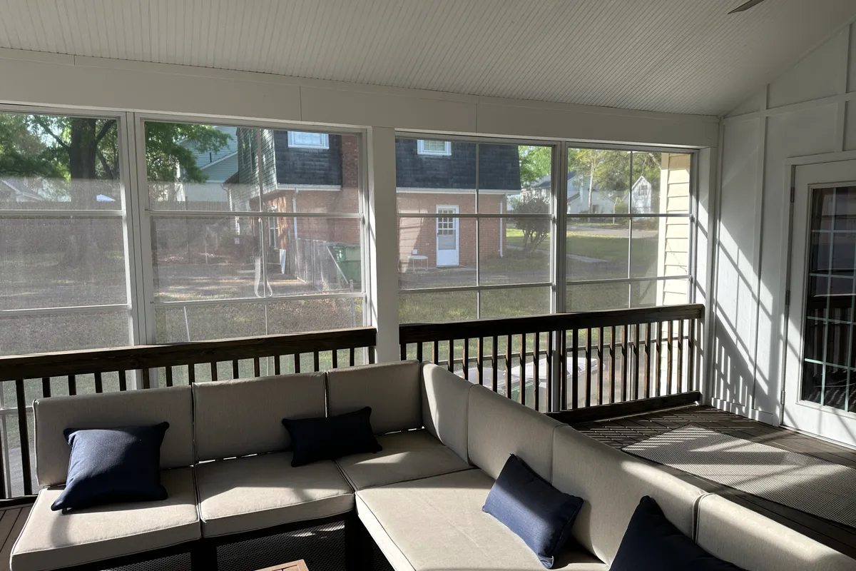 Vinyl film 3-season enclosure close-up of finished installation Charlotte, NC
