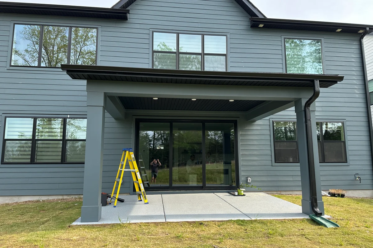 Completed 3-season vinyl film porch enclosure in Tega Cay SC exterior view