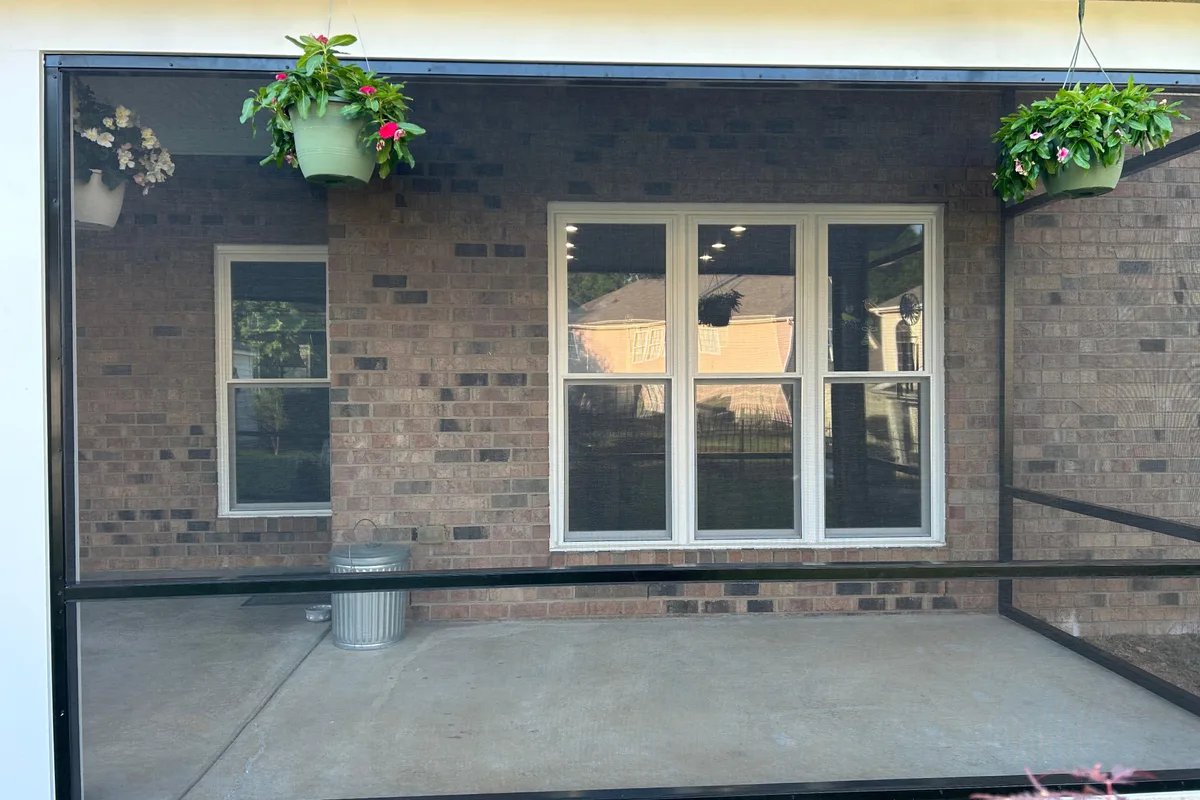 Screen enclosure framing detail of completed porch screening in Union County NC