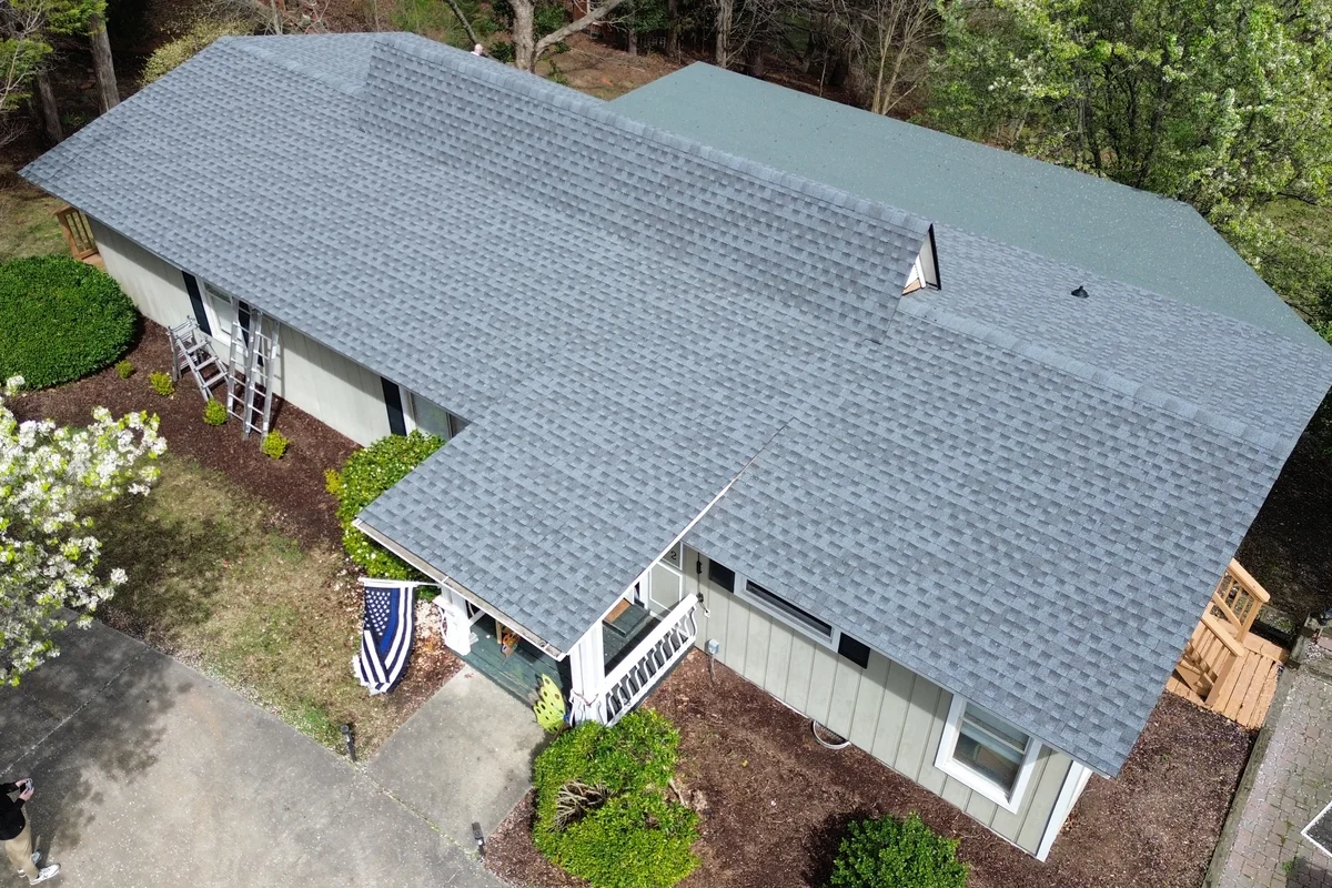 Finished roof replacement project exterior view in Tega Cay SC roofing services